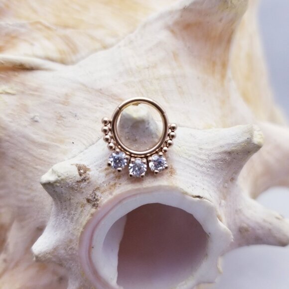 16G G23 Titanium Rose Gold 3 gem Clear CZ Hinged Segment Ring Septum Ring - 8mm - Picture 2 of 2